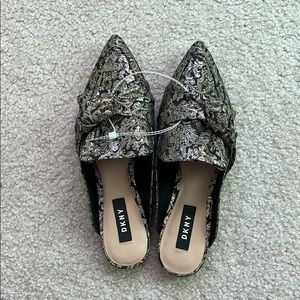 DKNY black and gold pointed slip on flats